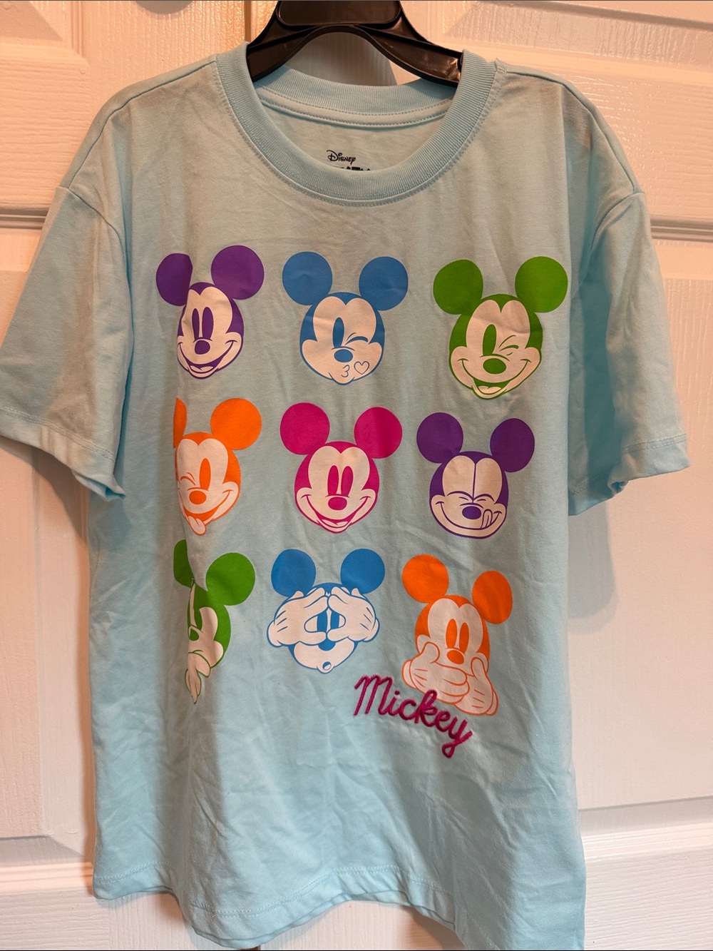 Disney Light Blue Mickey Faces Multicolor Kids Tee Size 14-16